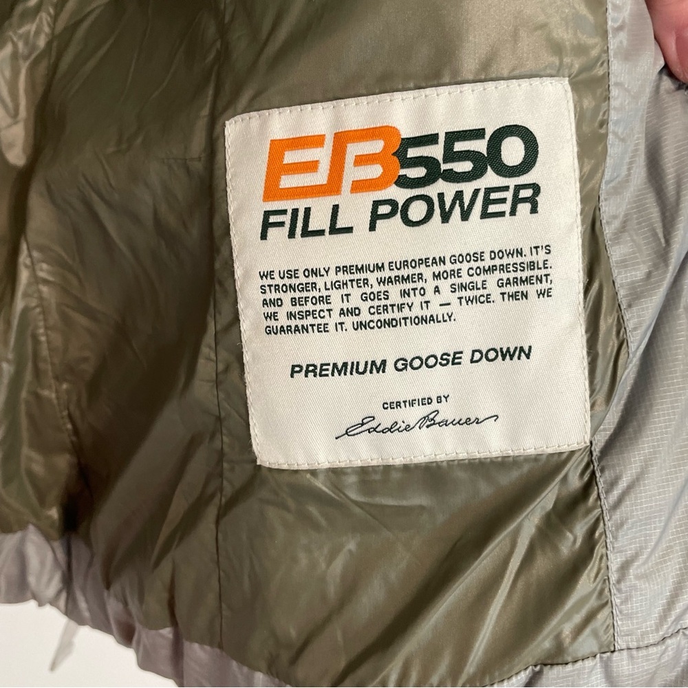 EDDIE BAUER 550 Fill Power GOOSE DOWN Puffer Vest Gray Grey Hooded Winter Small - Picture 12 of 16